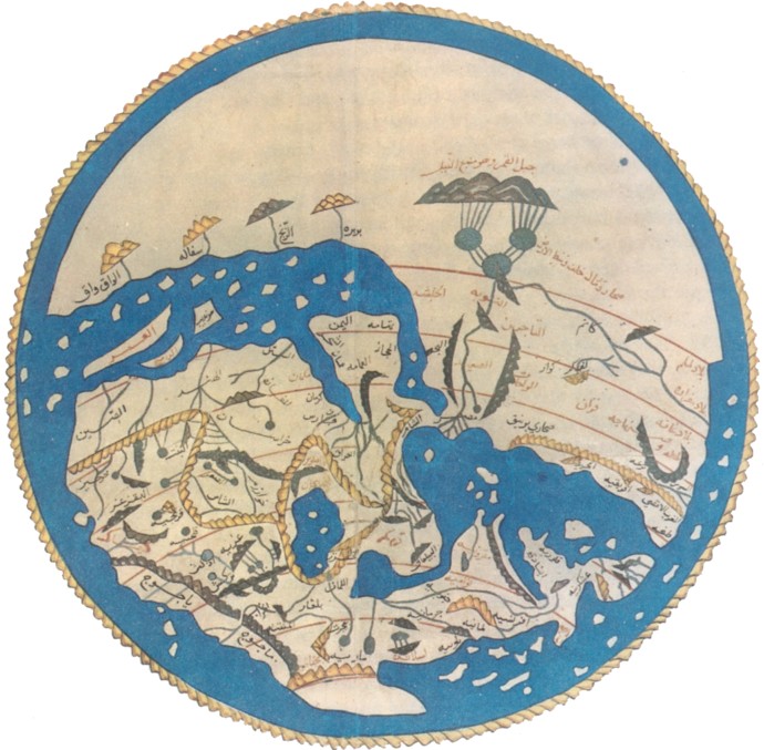 La imagen Mapa de 1154 del cartgrafo marroqu Al-Idrisi, realizado para el rey Roger de Sicilia. no puede mostrarse porque contiene errores.
